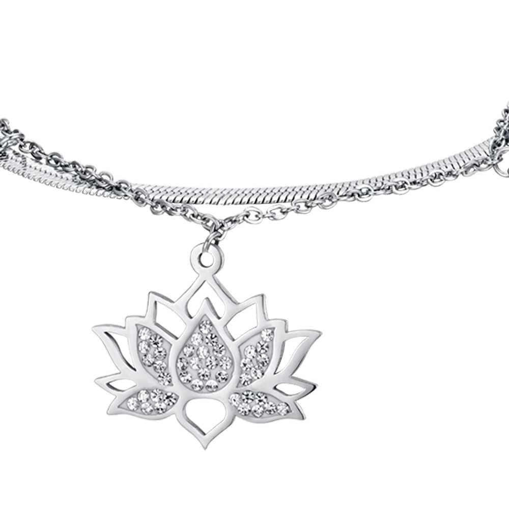 PULSERA DE ACERO PARA MUJER CON FLOR DE LOTO Y CRISTALES BLANCOS