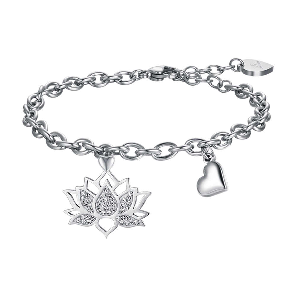 PULSERA DE ACERO PARA MUJER CON FLOR DE LOTO Y CRISTALES BLANCOS