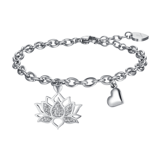 PULSERA DE ACERO PARA MUJER CON FLOR DE LOTO Y CRISTALES BLANCOS