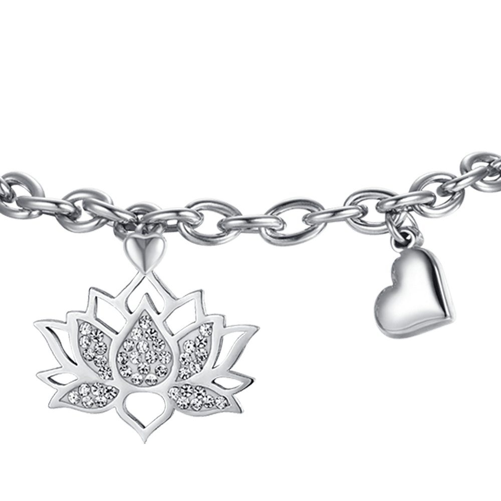 PULSERA DE ACERO PARA MUJER CON FLOR DE LOTO Y CRISTALES BLANCOS