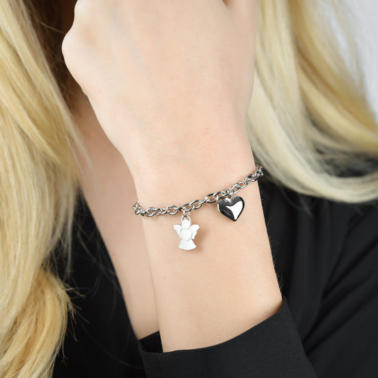 PULSERA DE ACERO PARA MUJER CON COLGANTE DE ÁNGEL Y CORAZÓN