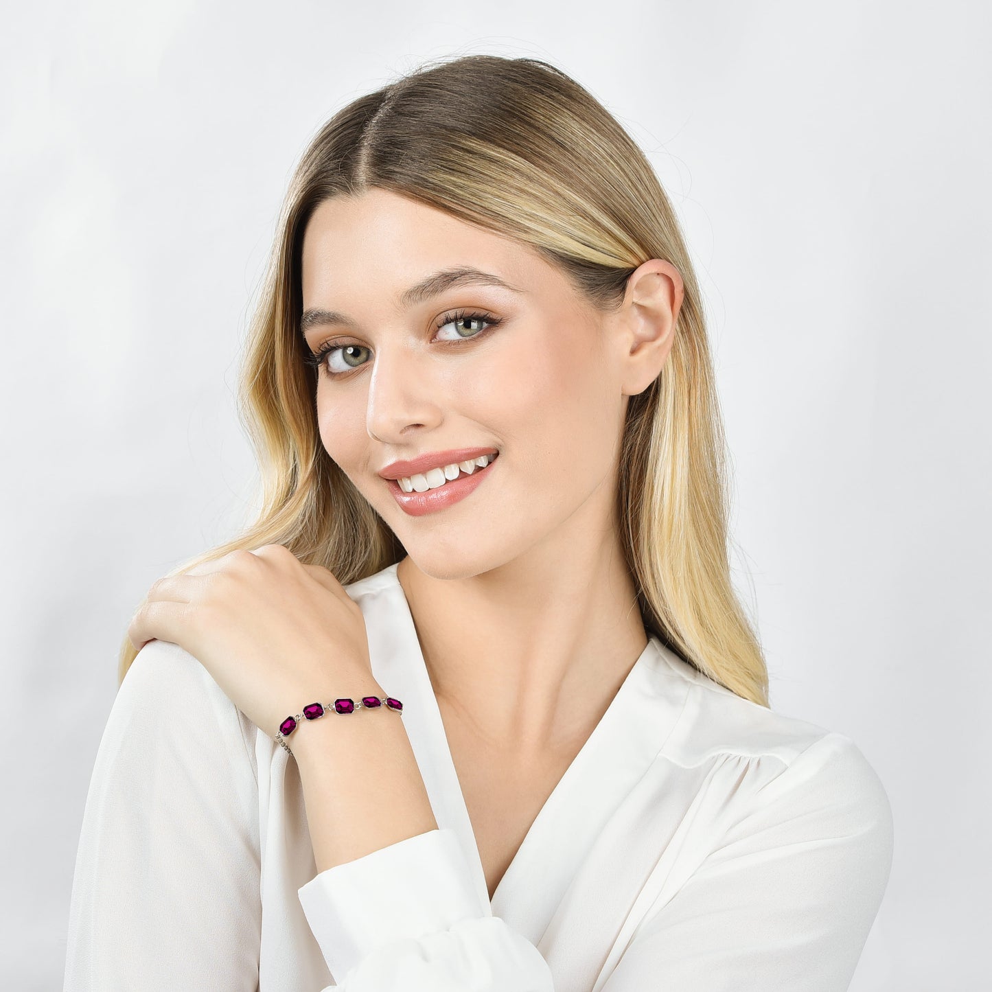 PULSERA DE ACERO PARA MUJER CON CRISTALES FUCSIA