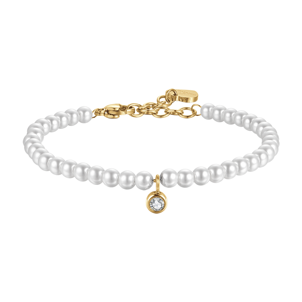IP PULSERA DE ACERO DORADO PARA MUJER CON CUENTAS DE CRISTAL BLANCO