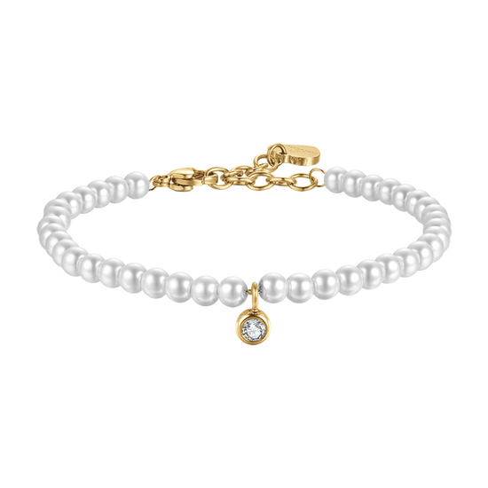 IP PULSERA DE ACERO DORADO PARA MUJER CON CUENTAS DE CRISTAL BLANCO