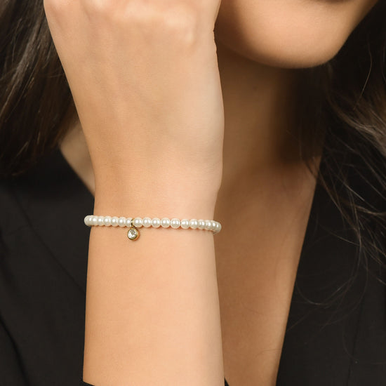 IP PULSERA DE ACERO DORADO PARA MUJER CON CUENTAS DE CRISTAL BLANCO