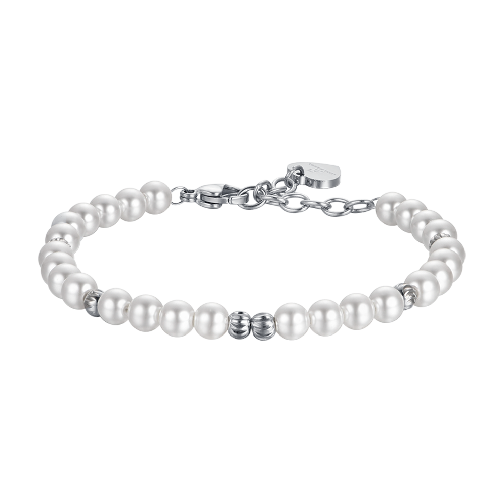 PULSERA DE ACERO PARA MUJER CON PERLAS Y ELEMENTOS DE ACERO