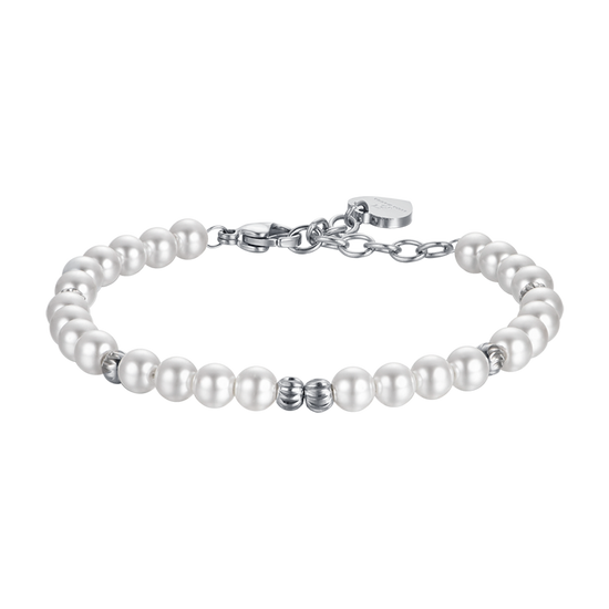 PULSERA DE ACERO PARA MUJER CON PERLAS Y ELEMENTOS DE ACERO