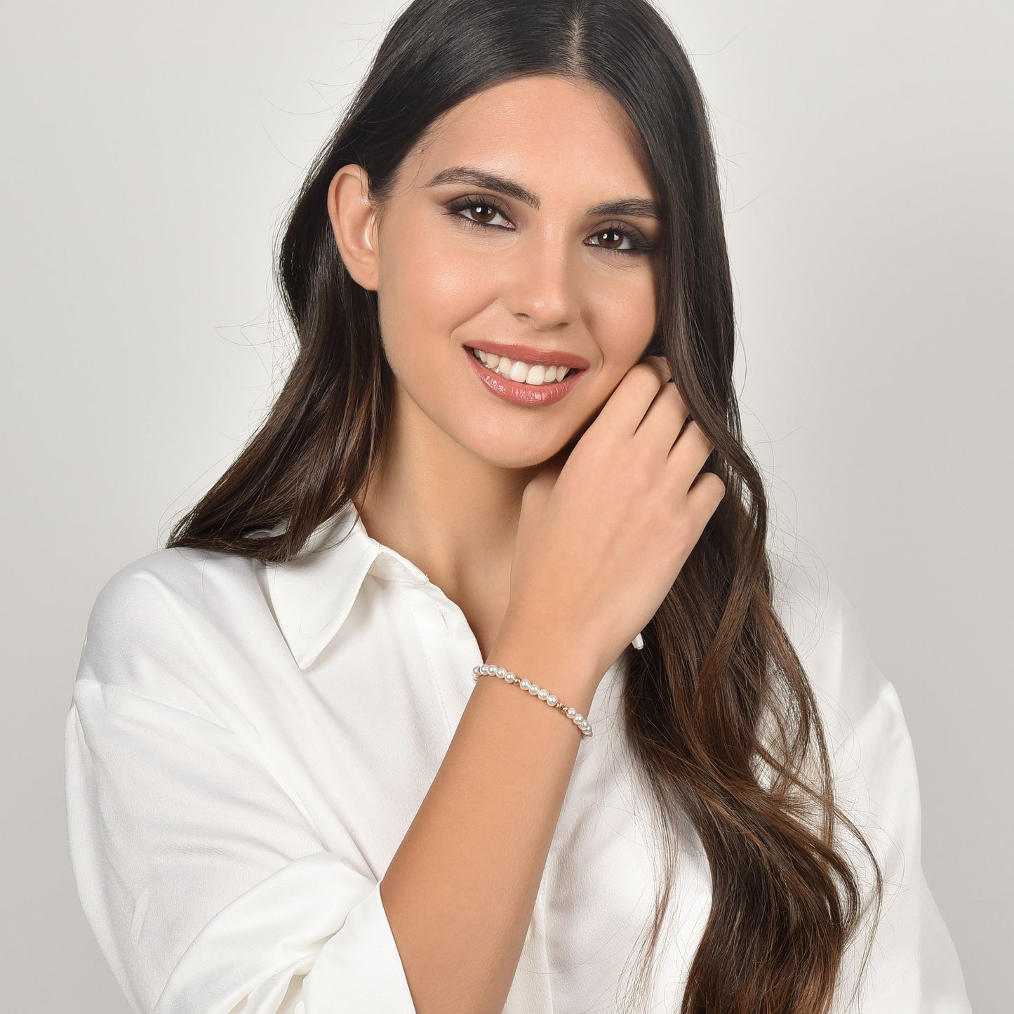 IP ORO ACERO PULSERA DE MUJER CON PERLAS Y ELEMENTOS DE ACERO