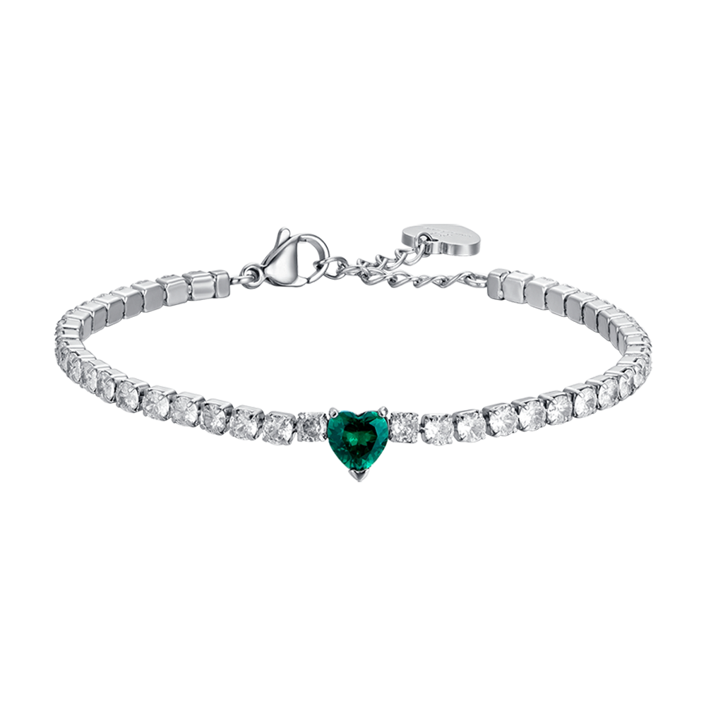 PULSERA DE TENIS DE ACERO PARA MUJER CON CRISTALES BLANCOS Y CORAZÓN DE CRISTAL VERDE