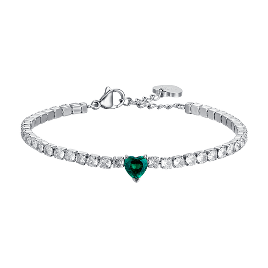 PULSERA DE TENIS DE ACERO PARA MUJER CON CRISTALES BLANCOS Y CORAZÓN DE CRISTAL VERDE