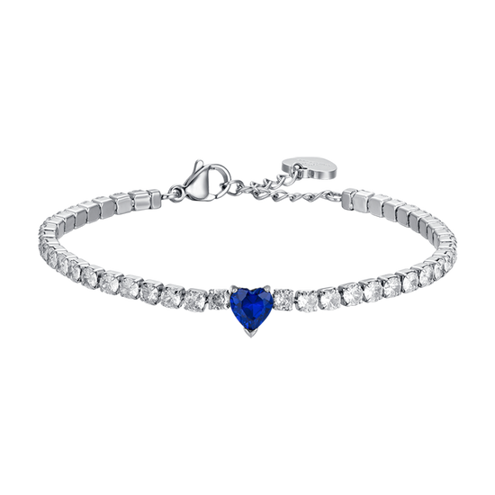 PULSERA DE TENIS DE ACERO PARA MUJER CON CRISTALES BLANCOS Y CORAZÓN DE CRISTAL AZUL