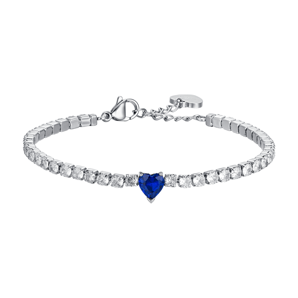 PULSERA DE TENIS DE ACERO PARA MUJER CON CRISTALES BLANCOS Y CORAZÓN DE CRISTAL AZUL