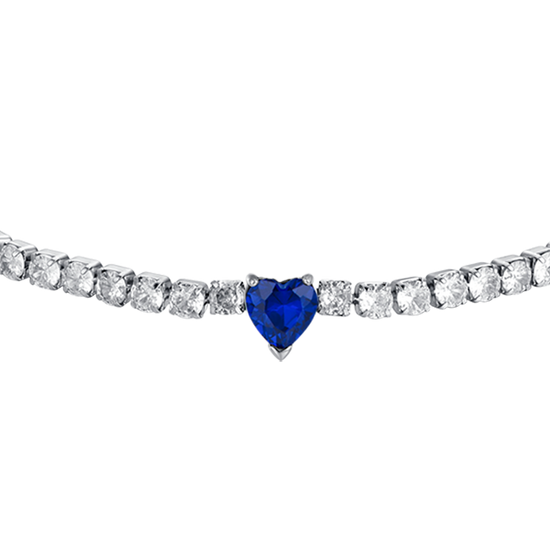 PULSERA DE TENIS DE ACERO PARA MUJER CON CRISTALES BLANCOS Y CORAZÓN DE CRISTAL AZUL