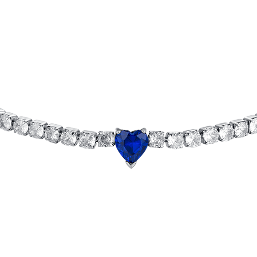 PULSERA DE TENIS DE ACERO PARA MUJER CON CRISTALES BLANCOS Y CORAZÓN DE CRISTAL AZUL