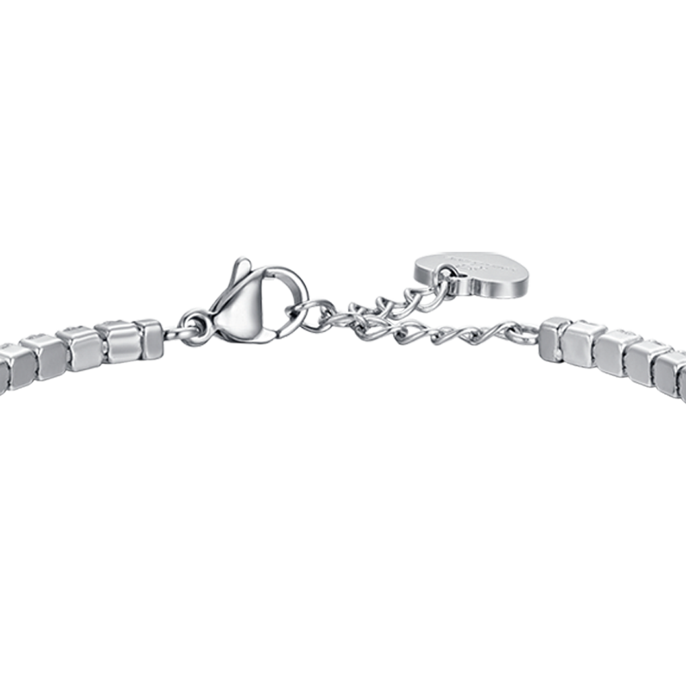 PULSERA DE TENIS DE ACERO PARA MUJER CON CRISTALES BLANCOS Y CORAZÓN DE CRISTAL AZUL