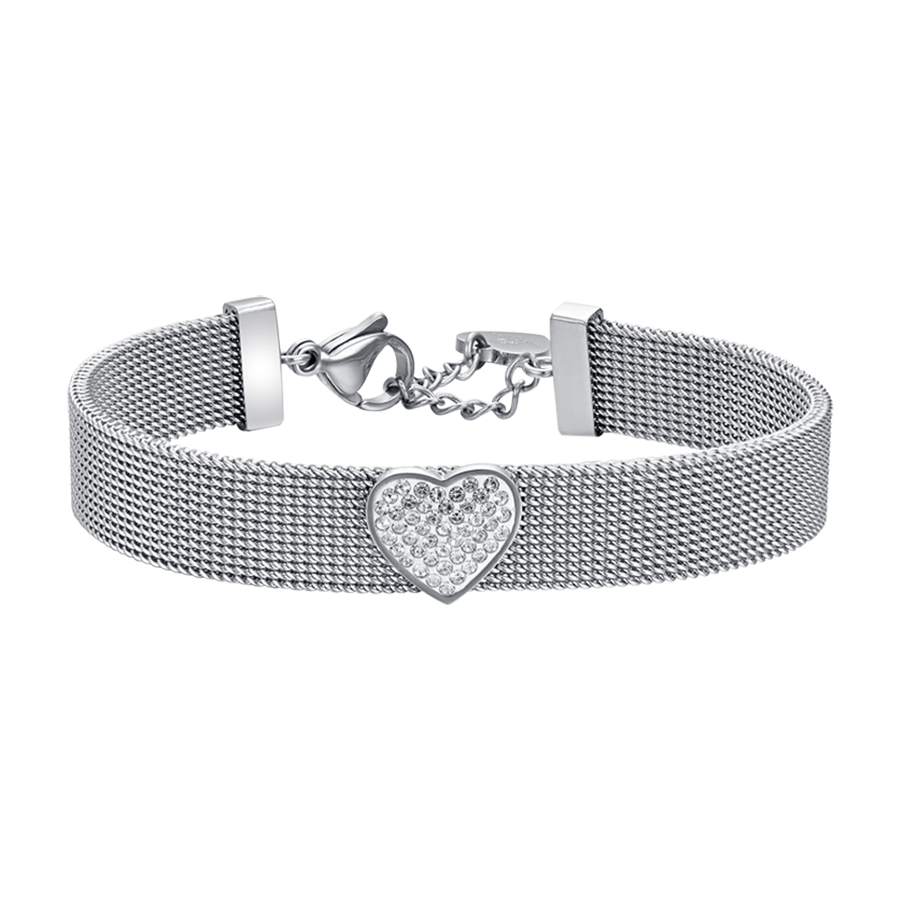 PULSERA MILANO DE MALLA DE ACERO PARA MUJER CON CORAZON CON CRISTALES BLANCOS