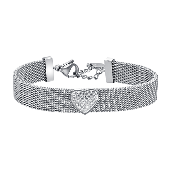 PULSERA MILANO DE MALLA DE ACERO PARA MUJER CON CORAZON CON CRISTALES BLANCOS