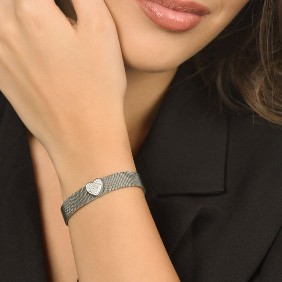 PULSERA MILANO DE MALLA DE ACERO PARA MUJER CON CORAZON CON CRISTALES BLANCOS