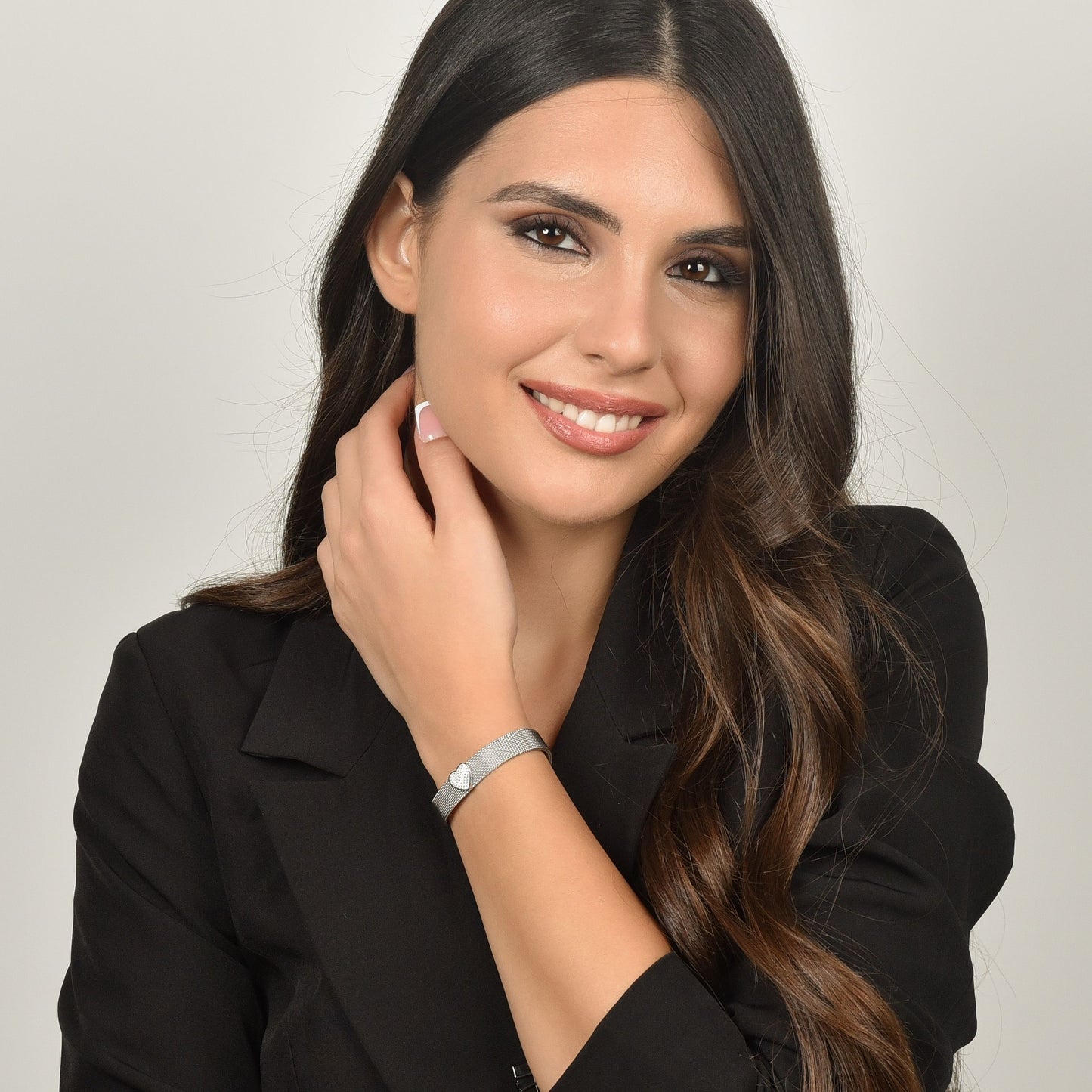 PULSERA MILANO DE MALLA DE ACERO PARA MUJER CON CORAZON CON CRISTALES BLANCOS