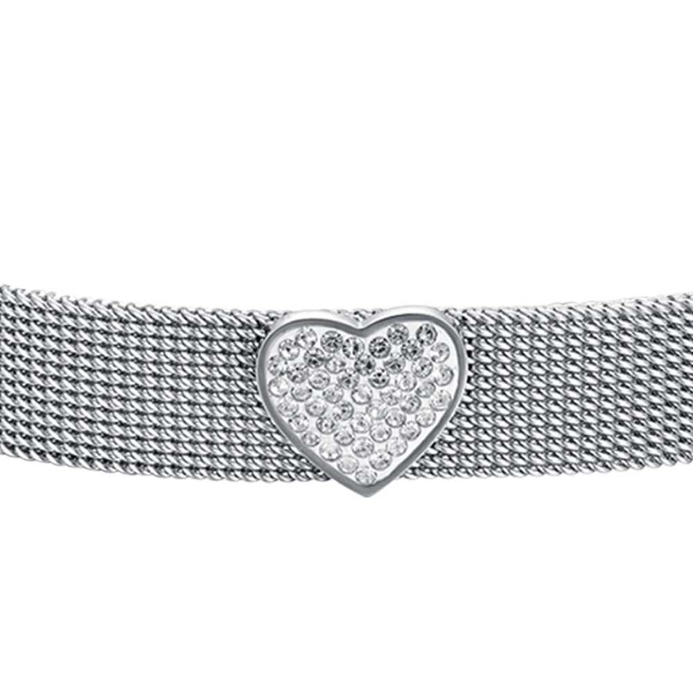 PULSERA MILANO DE MALLA DE ACERO PARA MUJER CON CORAZON CON CRISTALES BLANCOS