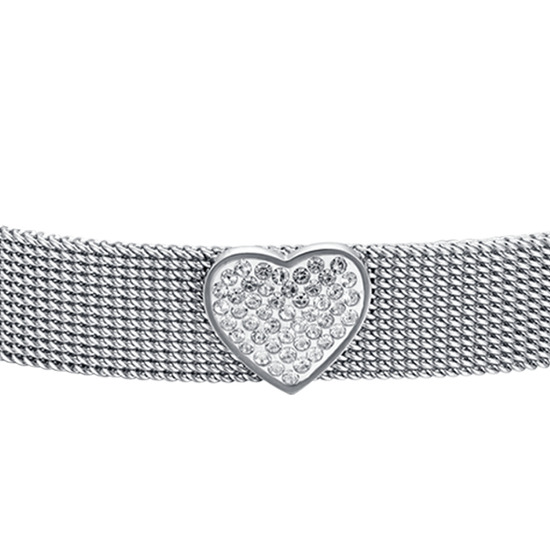 PULSERA MILANO DE MALLA DE ACERO PARA MUJER CON CORAZON CON CRISTALES BLANCOS