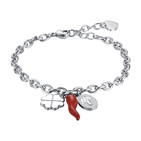 PULSERA DE ACERO PARA MUJER CON COLGANTE DE TRÉBOL DE CUATRO HOJAS, CUERNO Y MADONNA