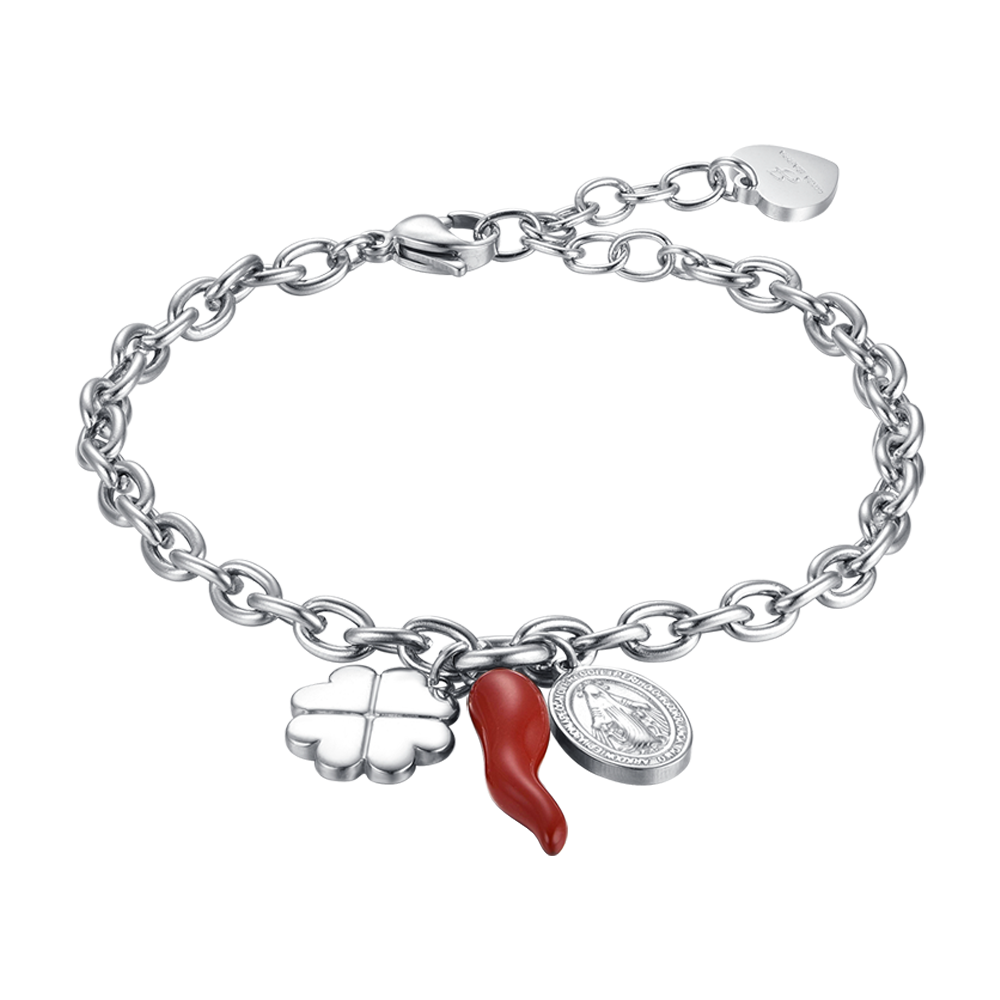 PULSERA DE ACERO PARA MUJER CON COLGANTE DE TRÉBOL DE CUATRO HOJAS, CUERNO Y MADONNA