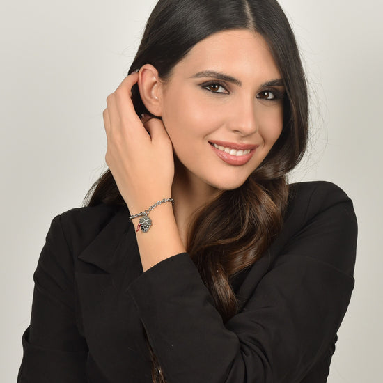 PULSERA DE ACERO PARA MUJER CON COLGANTE DE TRÉBOL DE CUATRO HOJAS, CUERNO Y MADONNA