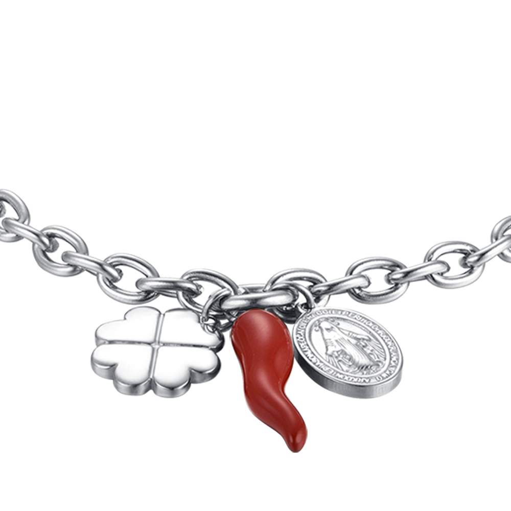 PULSERA DE ACERO PARA MUJER CON COLGANTE DE TRÉBOL DE CUATRO HOJAS, CUERNO Y MADONNA