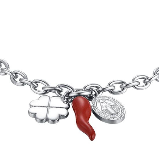 PULSERA DE ACERO PARA MUJER CON COLGANTE DE TRÉBOL DE CUATRO HOJAS, CUERNO Y MADONNA