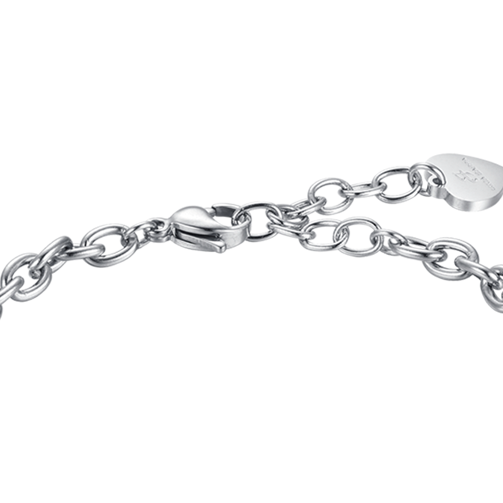 PULSERA DE ACERO PARA MUJER CON COLGANTE DE TRÉBOL DE CUATRO HOJAS, CUERNO Y MADONNA