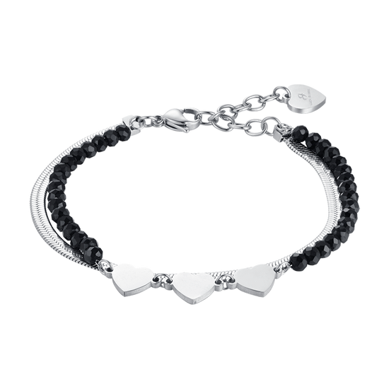 PULSERA MULTIFILAR DE ACERO PARA MUJER CON CRISTALES NEGROS Y CORAZONES