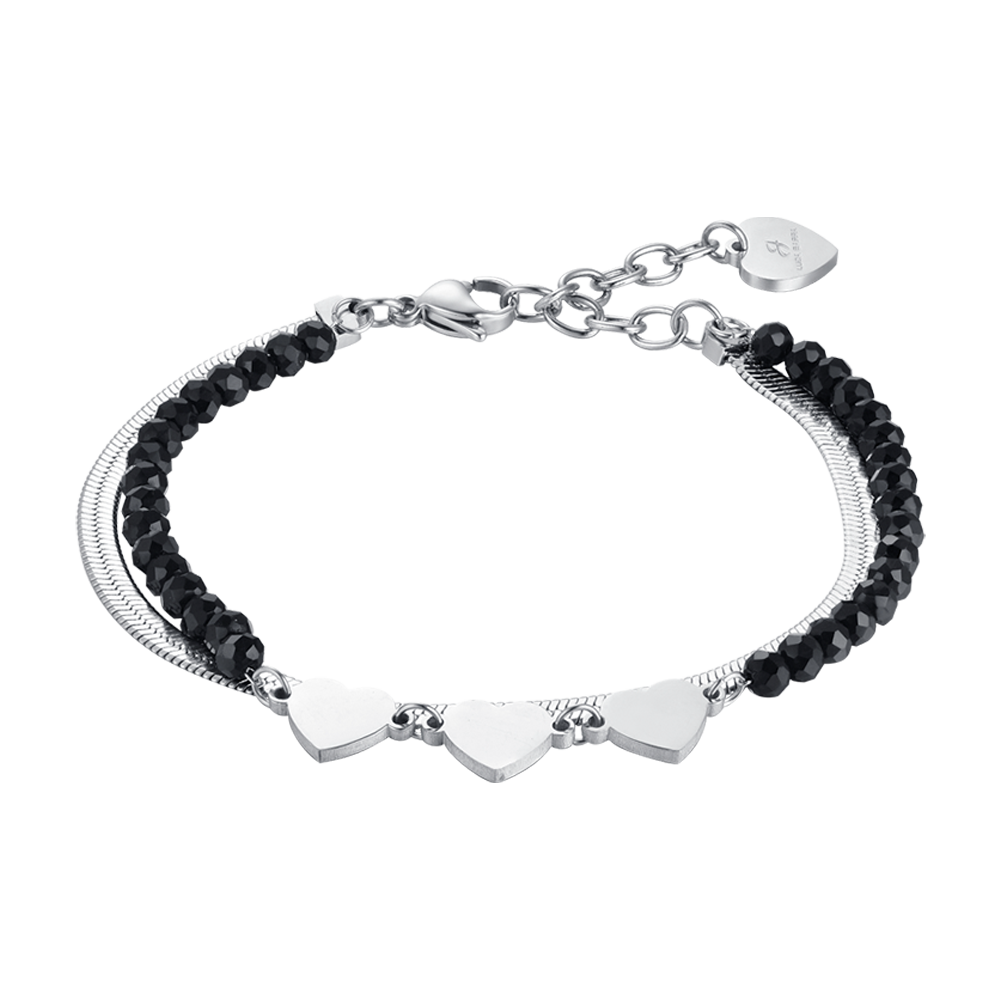 PULSERA MULTIFILAR DE ACERO PARA MUJER CON CRISTALES NEGROS Y CORAZONES