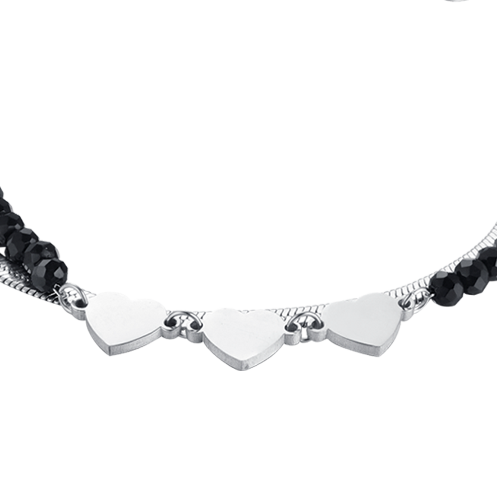PULSERA MULTIFILAR DE ACERO PARA MUJER CON CRISTALES NEGROS Y CORAZONES