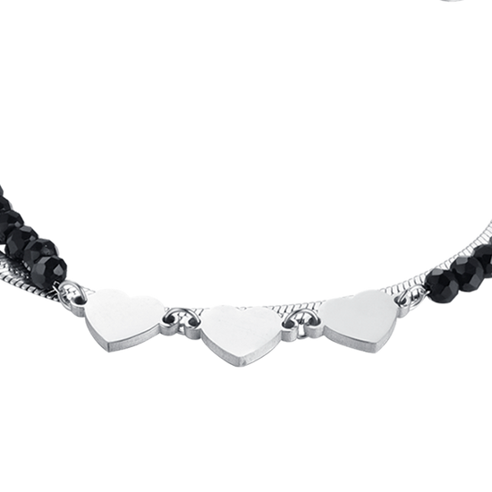 PULSERA MULTIFILAR DE ACERO PARA MUJER CON CRISTALES NEGROS Y CORAZONES