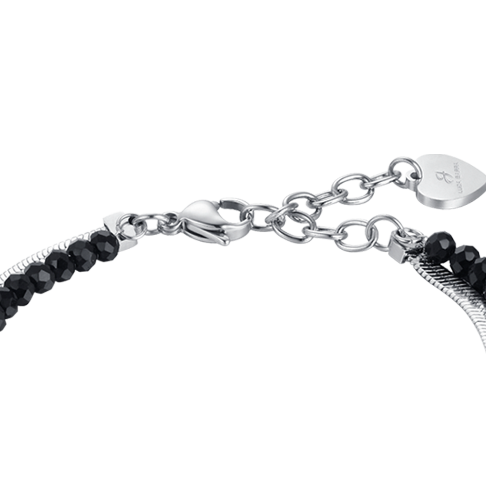 PULSERA MULTIFILAR DE ACERO PARA MUJER CON CRISTALES NEGROS Y CORAZONES