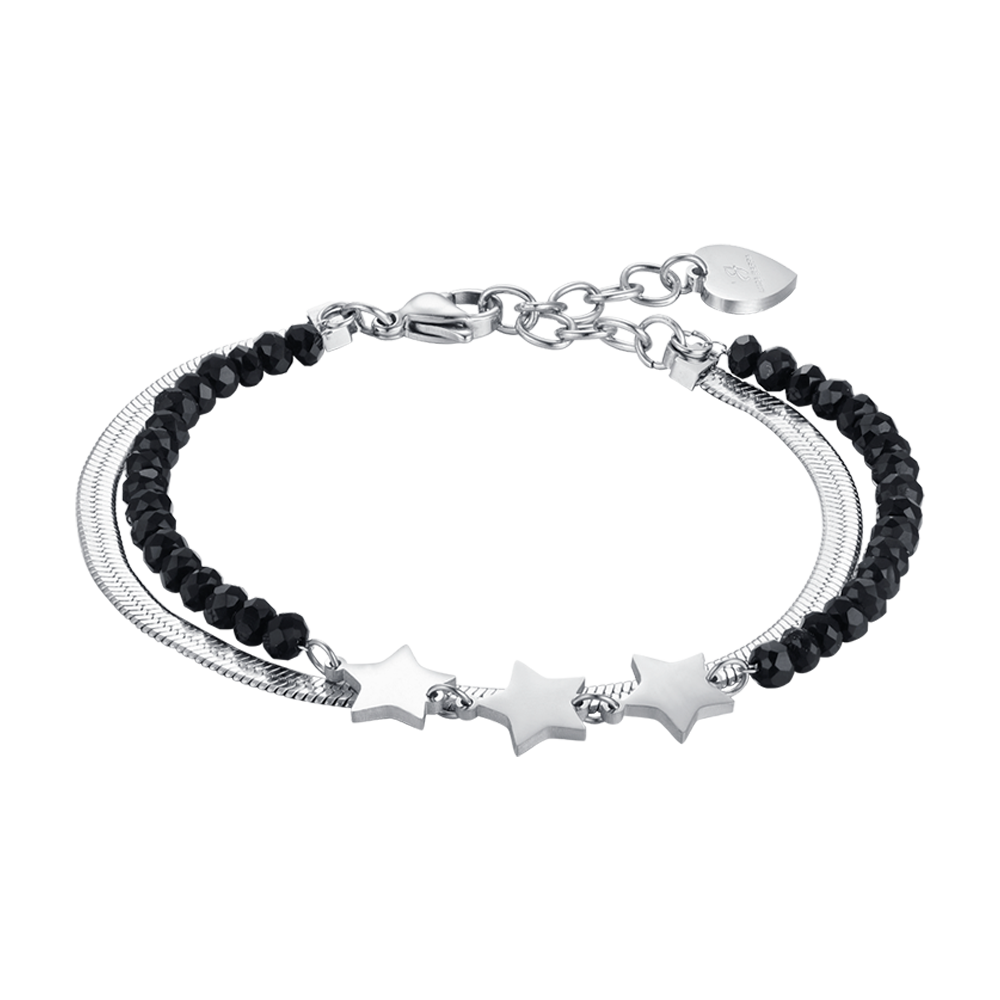 PULSERA MULTIFILAR DE ACERO PARA MUJER CON CRISTALES NEGROS Y ESTRELLAS