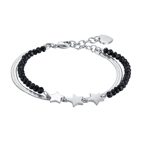 PULSERA MULTIFILAR DE ACERO PARA MUJER CON CRISTALES NEGROS Y ESTRELLAS