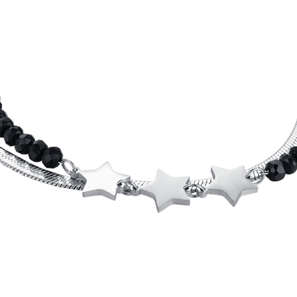 PULSERA MULTIFILAR DE ACERO PARA MUJER CON CRISTALES NEGROS Y ESTRELLAS