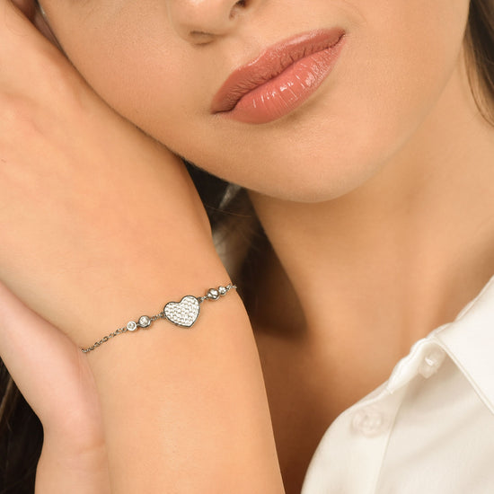 PULSERA DE ACERO DE MUJER CON CORAZÓN Y CRISTALES BLANCOS