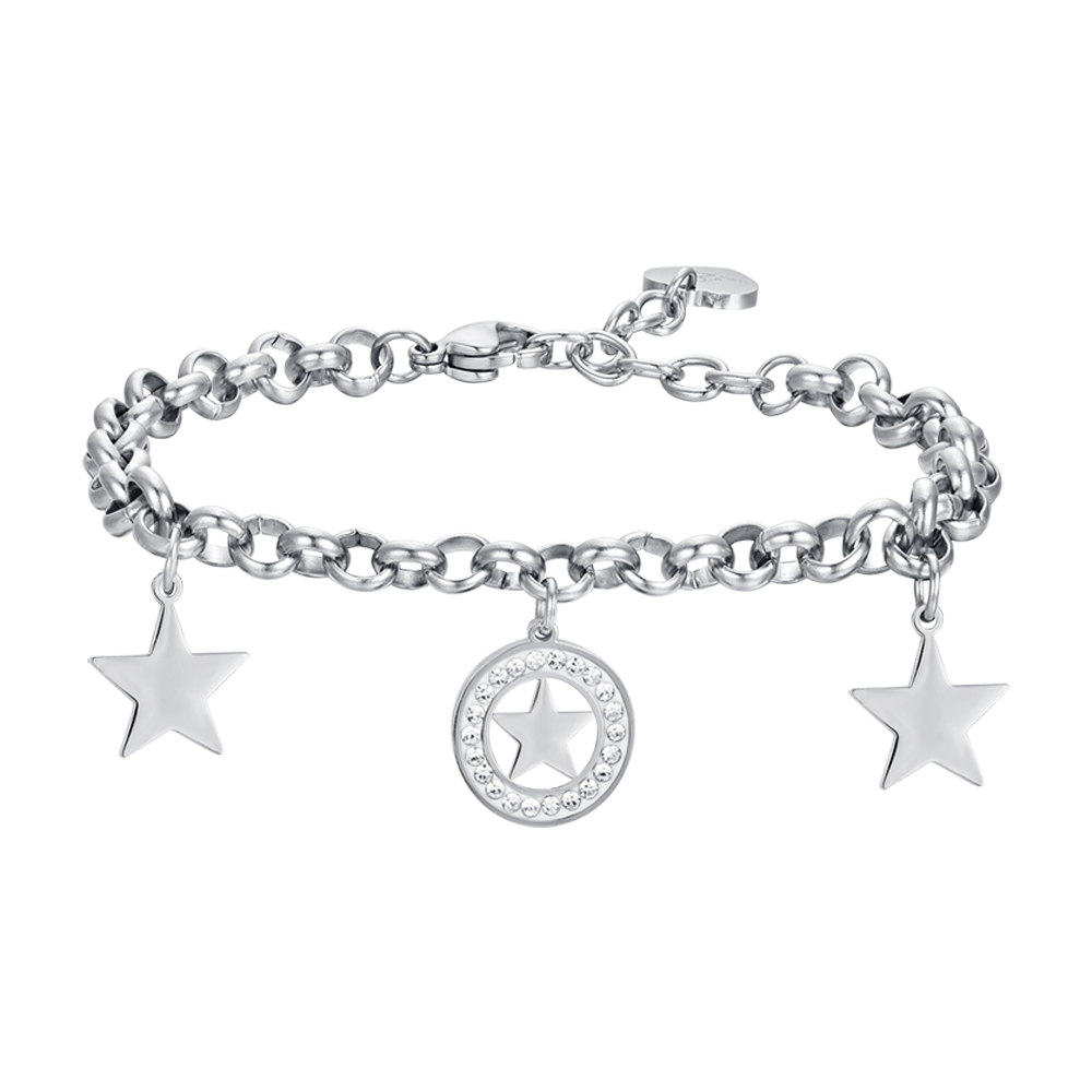 PULSERA DE ACERO PARA MUJER CON ESTRELLAS Y CRISTALES BLANCOS