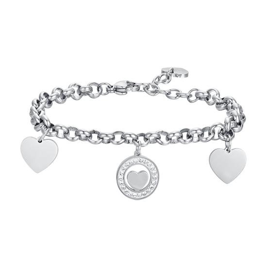 PULSERA DE ACERO PARA MUJER CON CORAZONES Y CRISTALES BLANCOS