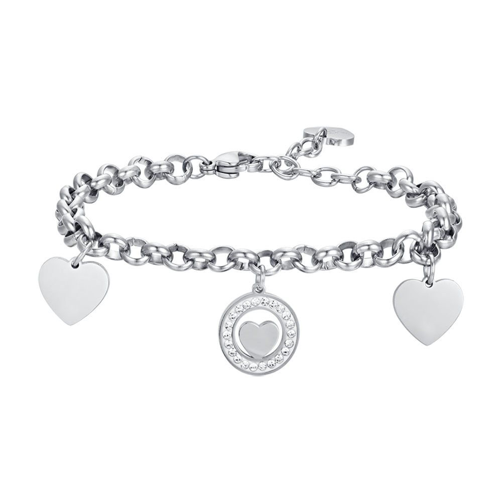 PULSERA DE ACERO PARA MUJER CON CORAZONES Y CRISTALES BLANCOS