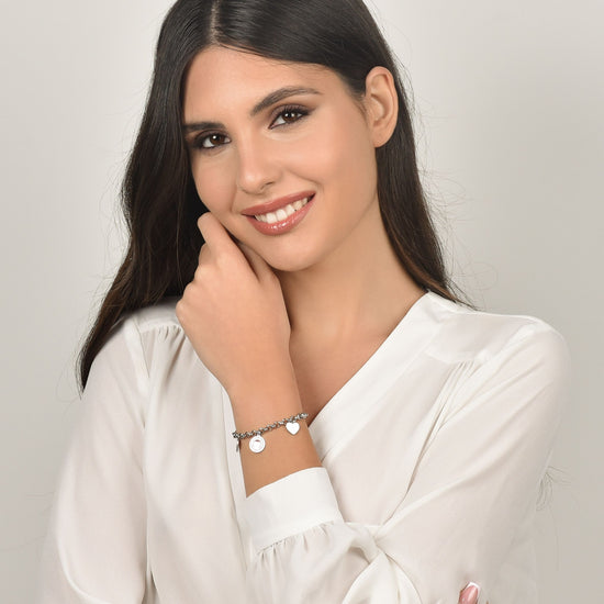 PULSERA DE ACERO PARA MUJER CON CORAZONES Y CRISTALES BLANCOS