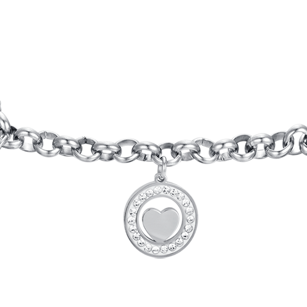 PULSERA DE ACERO PARA MUJER CON CORAZONES Y CRISTALES BLANCOS