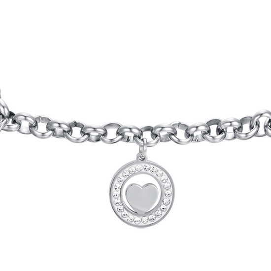 PULSERA DE ACERO PARA MUJER CON CORAZONES Y CRISTALES BLANCOS