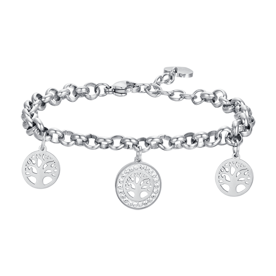 PULSERA DE ACERO PARA MUJER CON ÁRBOL DE LA VIDA Y CRISTALES BLANCOS