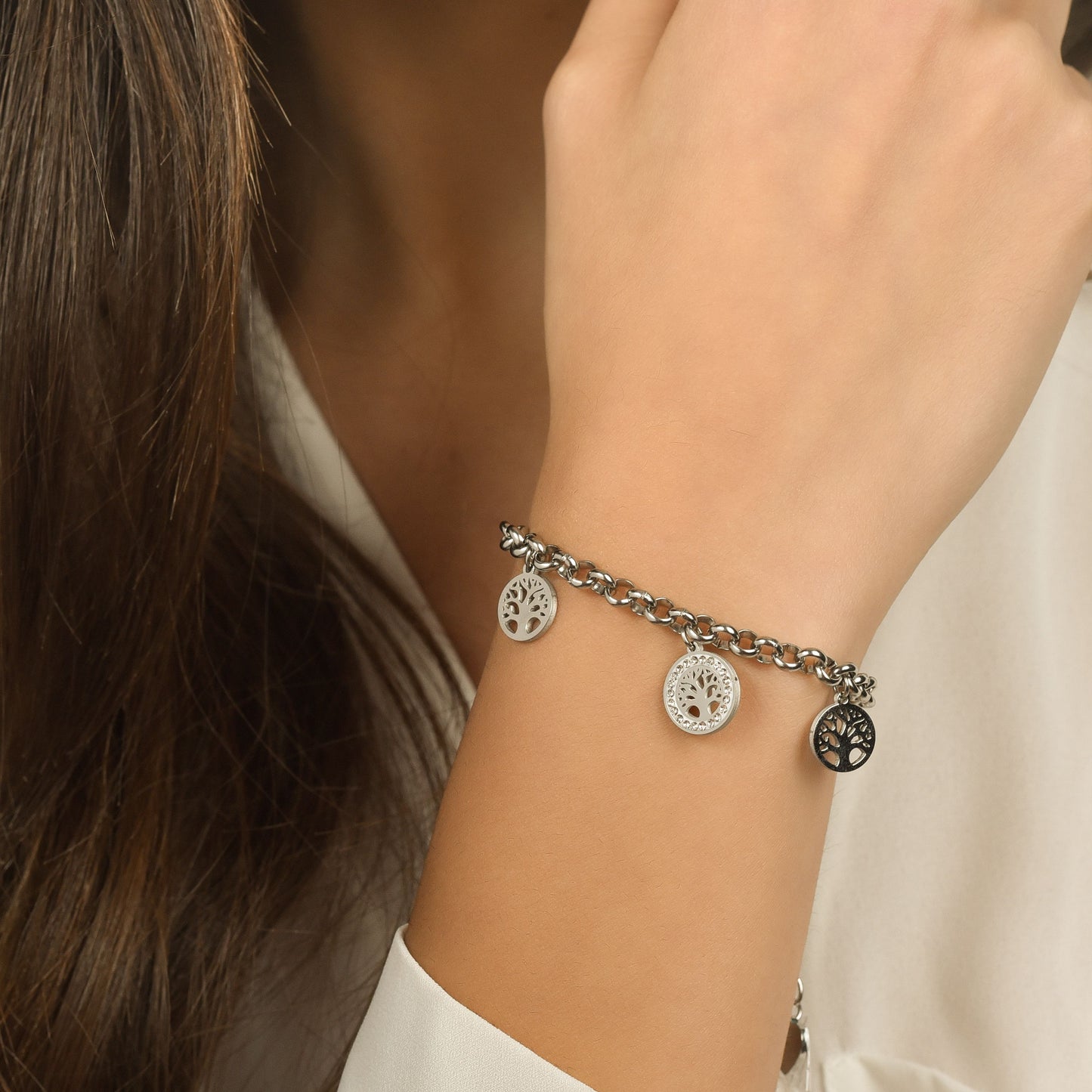 PULSERA DE ACERO PARA MUJER CON ÁRBOL DE LA VIDA Y CRISTALES BLANCOS