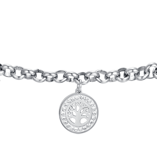 PULSERA DE ACERO PARA MUJER CON ÁRBOL DE LA VIDA Y CRISTALES BLANCOS