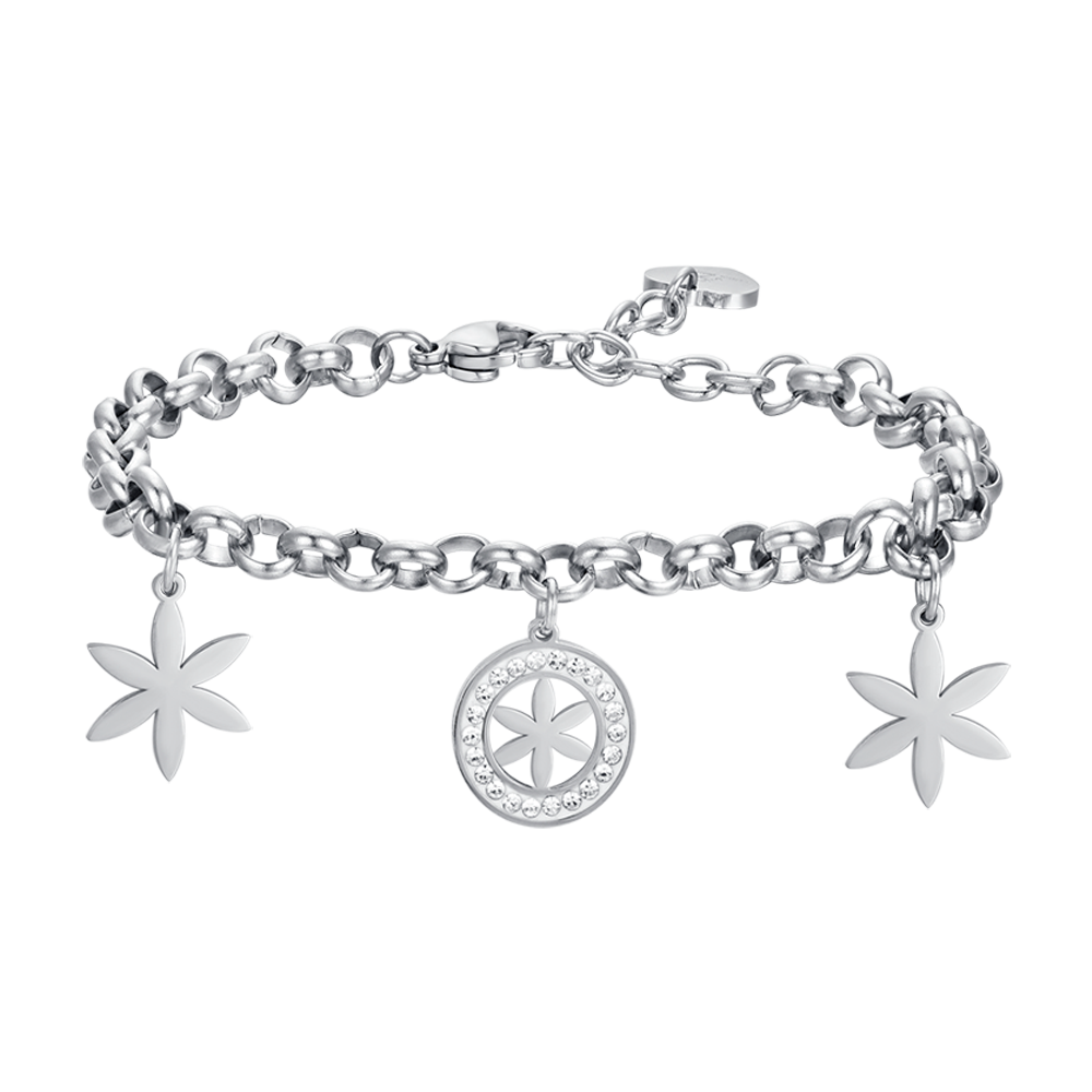 PULSERA DE ACERO PARA MUJER CON FLOR DE LA VIDA Y CRISTALES BLANCOS